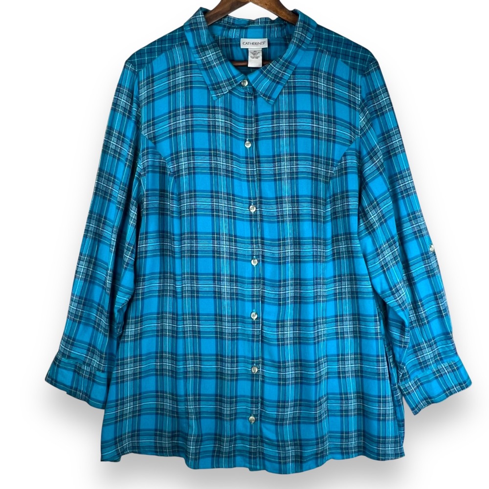Catherines 2X Blue Mixed Plaid Blouse Button Up Roll Tab Sleeve Plus Soft Rayon